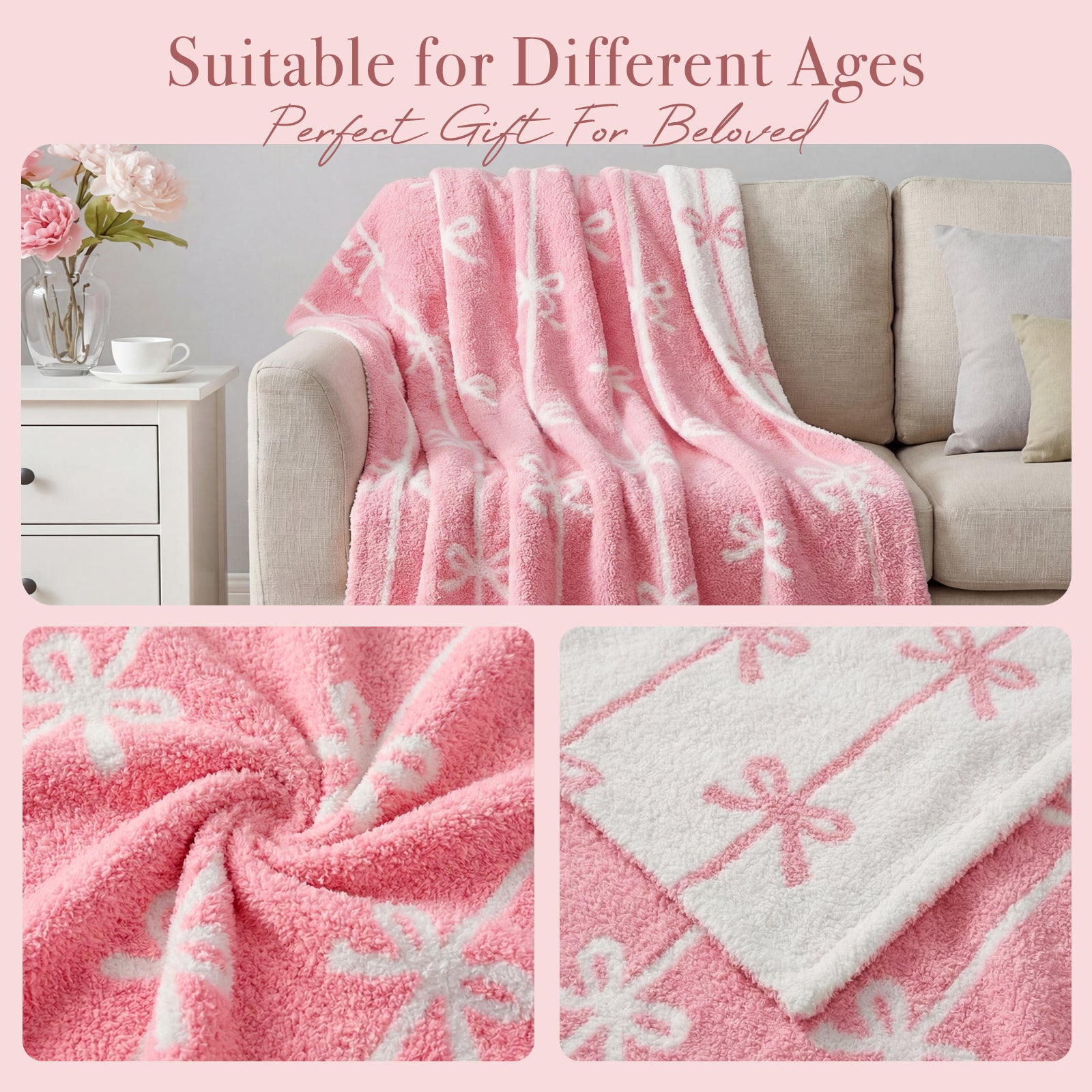 Catami Bow Throw Blanket-Reversible Home Decor Blankets for Couch Sofa Bed Camping 50"x60"