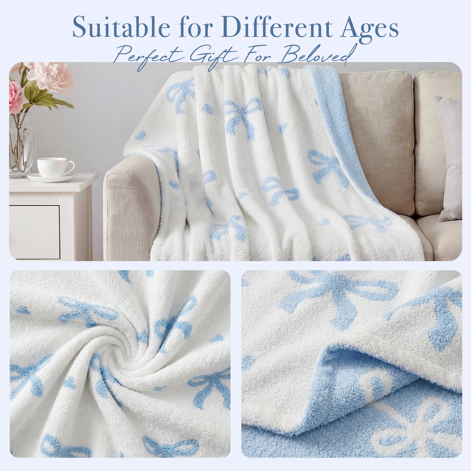 Catami Bow Throw Blanket-Reversible Home Decor Blankets for Couch Sofa Bed Camping 50"x60"