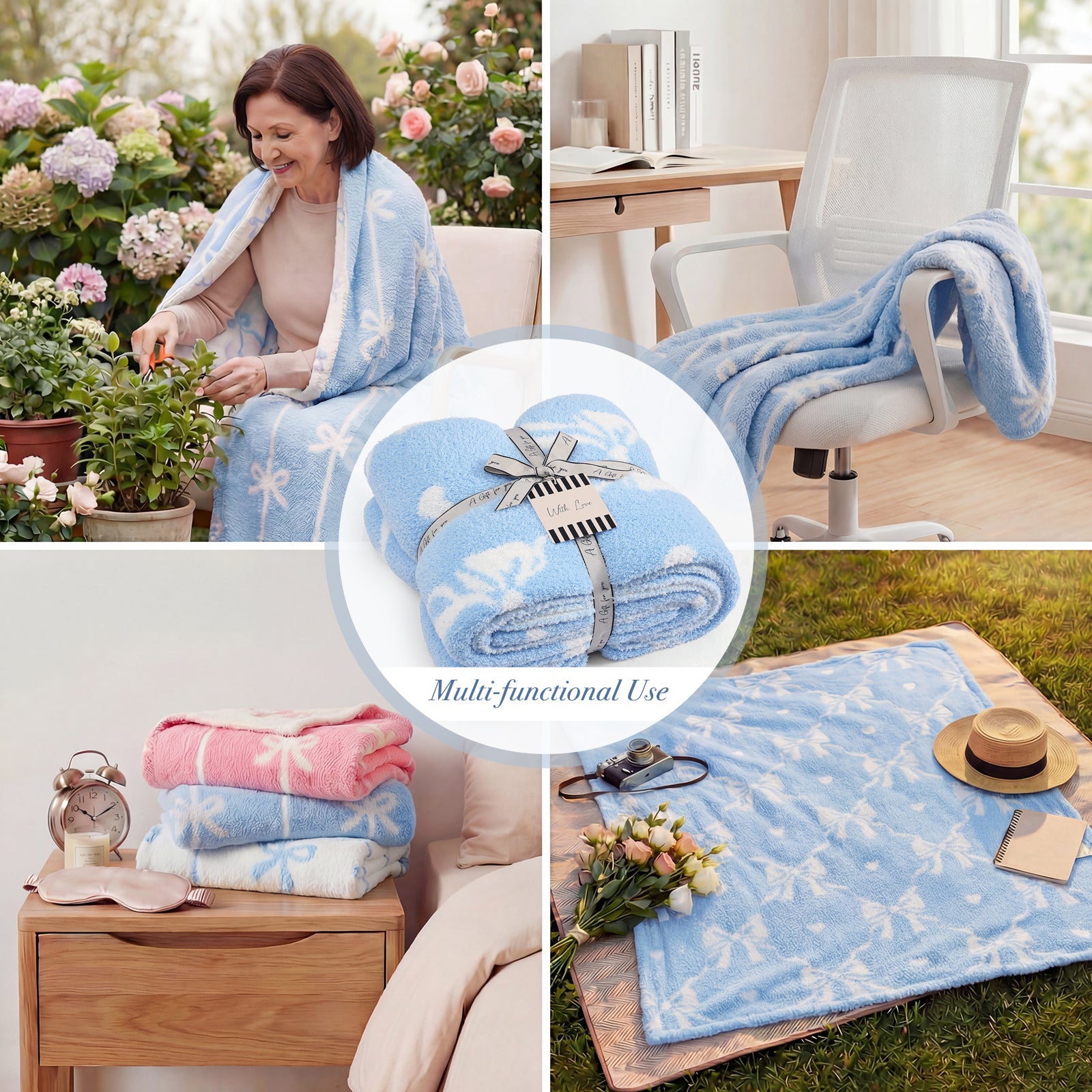Catami Bow Throw Blanket-Reversible Home Decor Blankets for Couch Sofa Bed Camping 50"x60"